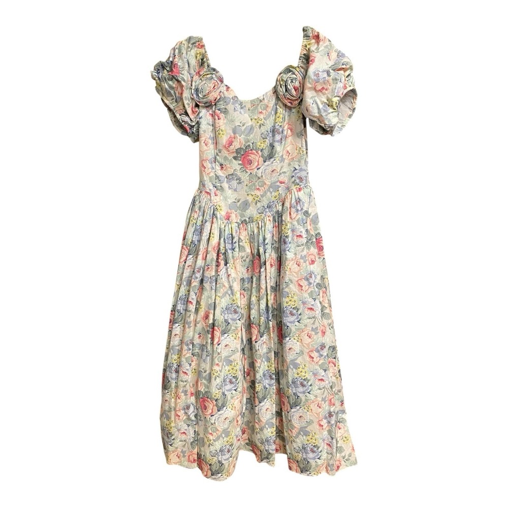 Vintage 80s Jessica McClintock Dress 6 Floral Party Cotton‎ Bow Cottagecore 90s - Picture 2 of 14